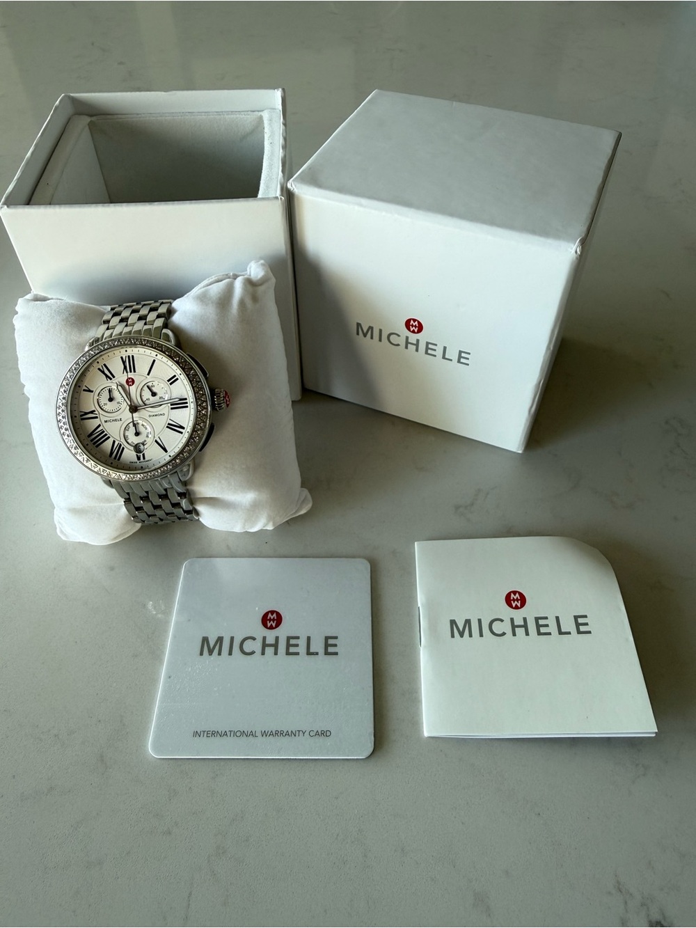 Michele Silver Stainless Steel Serein Chronograph Watch with White Dial 36mm